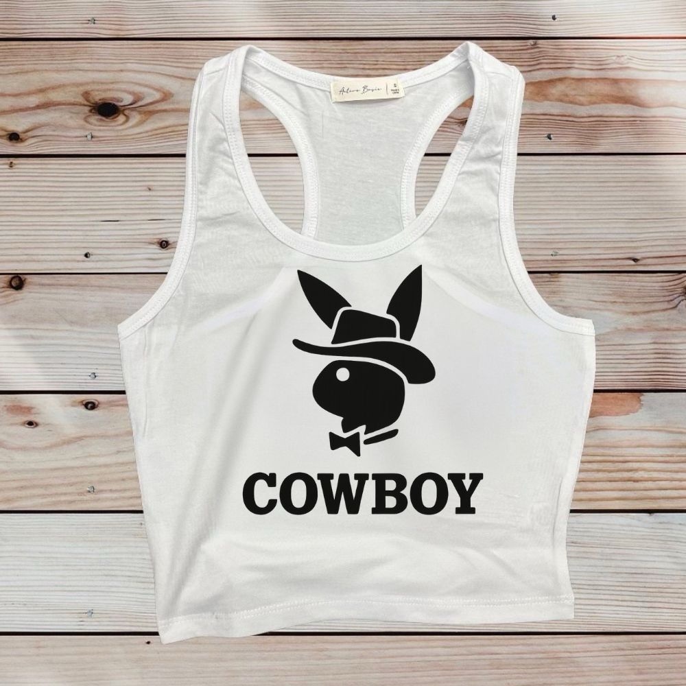 White Tank Top with Black Cowboy Graphic
